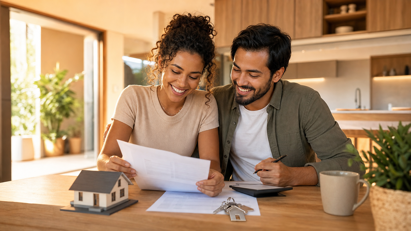 Casal feliz analisando documentos de financiamento imobiliário