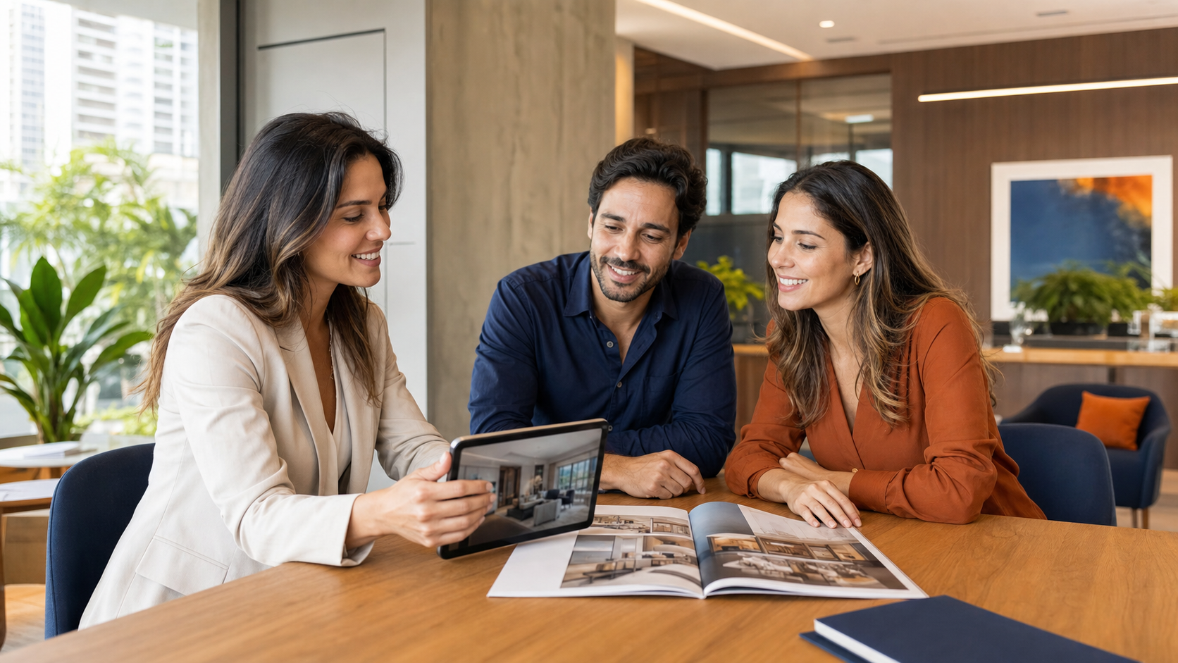 Consultora apresentando opções de imóveis a clientes